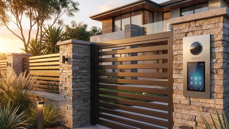 Видеодомофон на каменной колонне у ворот загородного дома